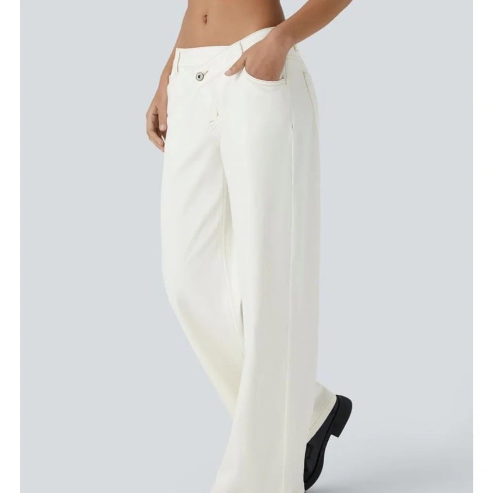 Halara off white asymmetrical low rise waist soft denim wide leg jeans, new - Picture 3 of 9